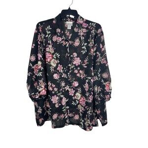 VTG Fashion Bug 30/32W Floral Blouse Black Pink Sheer Button Front Plus Size 4X